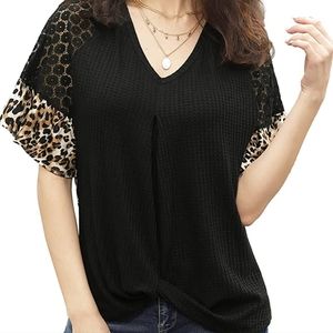 Women Blouse Waffle Knit Tops V Neck Tunic Leopard Raglan Sweater Shirts